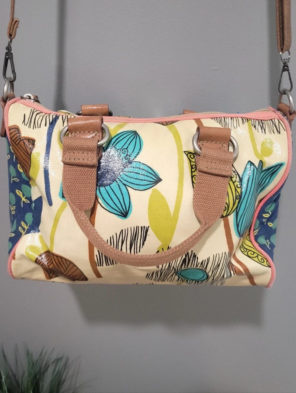 Vintage Fossil-Canvas Floral Coated Zip Shoulder/Crossbody Bag